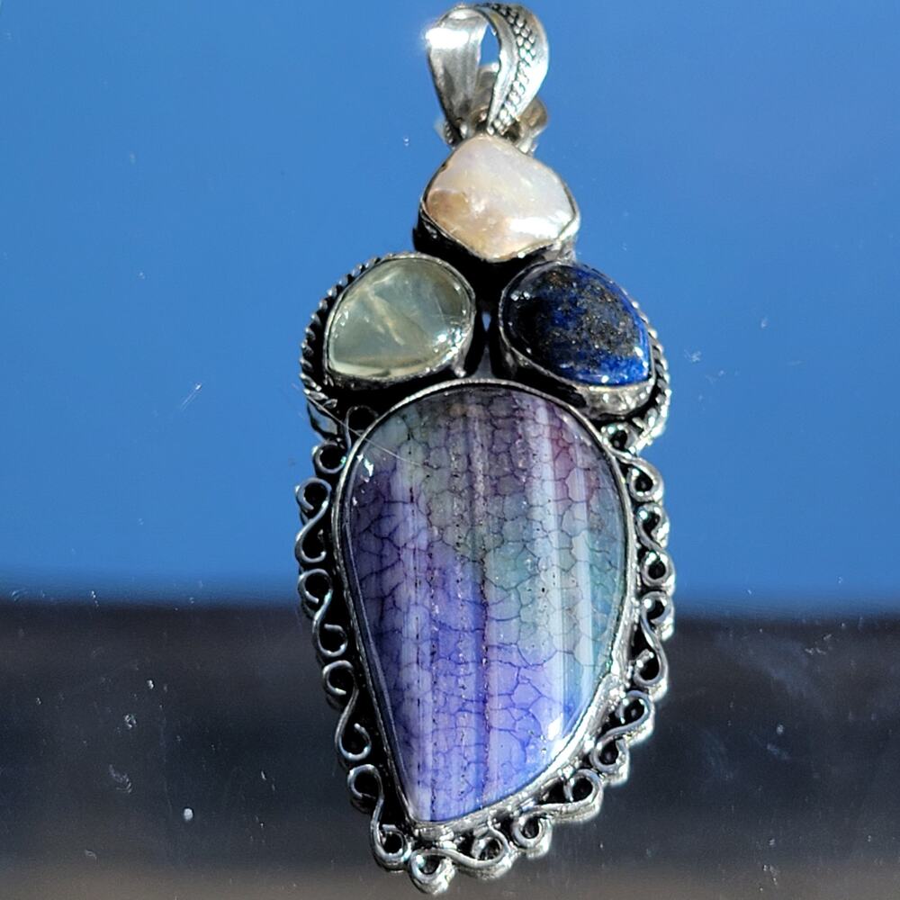 Sterling Silver Pendant Agate, Lapis Lazuli, Moonstone, & Pearl w/20-Inch Chain